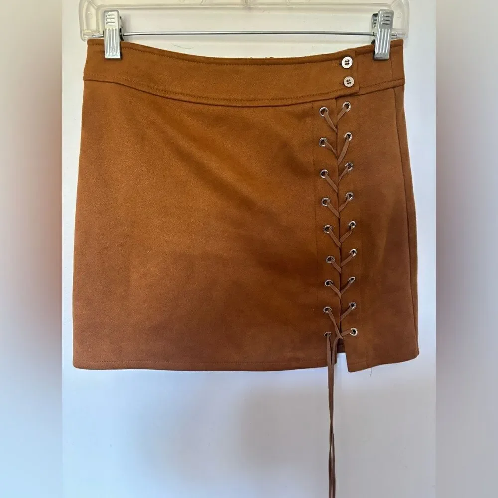 Dance & Marvel Faux Suede Lace Up Mini Skirt Tan Size Small